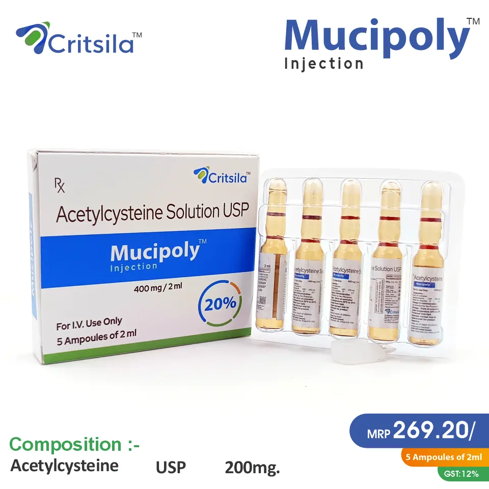 Acetylcysteine (20% w/v) Injection at best price in PCD Pharma Franchise for Mucolytics, Cough Relief.